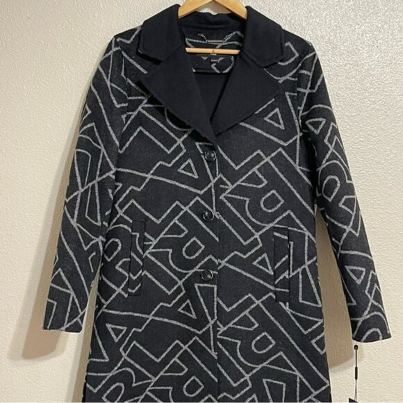 Karl Lagerfeld Paris Logo Print Collared Wool Blend Coat - Picture 8 of 15